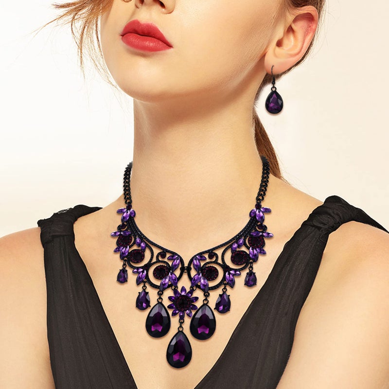 BriLove Women's Tribal Ethnic Crystal Chunky Statement Necklace Dangle Earrings Set Purple Black-Tone - Image 2